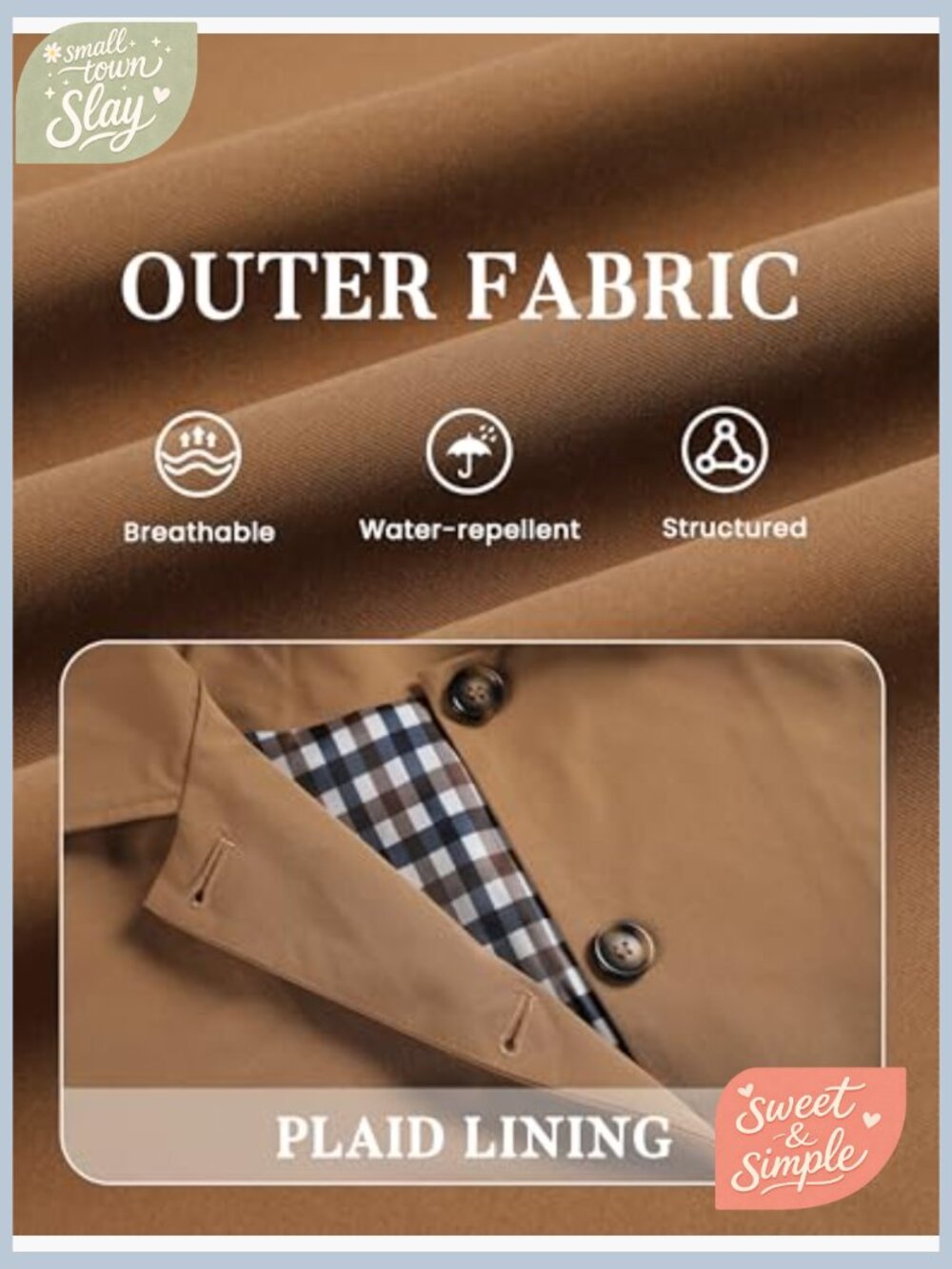 Short Trench Jacket Plaid Lining Button Front Lightweight Casual with Pockets - Picture 6 of 7